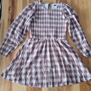 American Eagle Outfitters Brown Pink Plaid Gingham Size SMALL Long Sleeve Dress